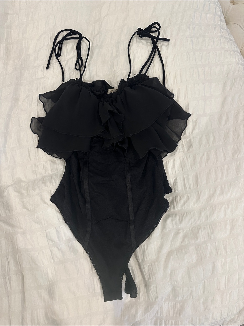 Free People Black Ruffle Tie-Shoulder One-Piece Bodysuit